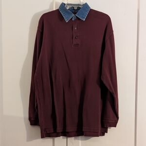 Ivy Crew Men's Polo Pullover Top, L/XL, Denim Collar, Burgandy, Chest 48", EUC!